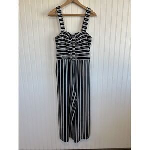 Black And White Striped Bodysuit Jumpsuit Medium Wide Leg Pockets Smocked